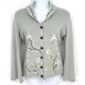 Storybook Knits Sage Garden Birds Wide Sleeve Sweater Size L